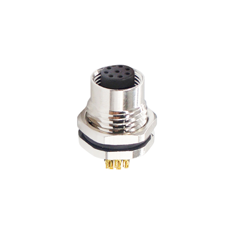 M12 8pins A code female straight front panel mount connector M16 thread,unshielded,solder,brass with nickel plated shell